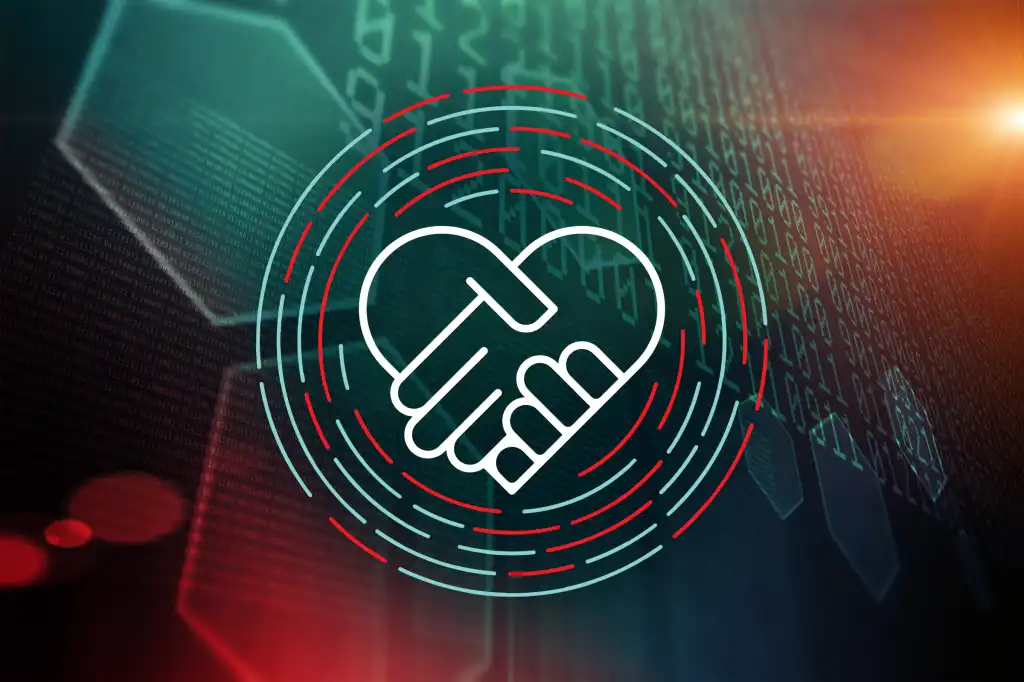 Two hands forming a heart shape against a backdrop of abstract data, symbolizing collaboration and empathy