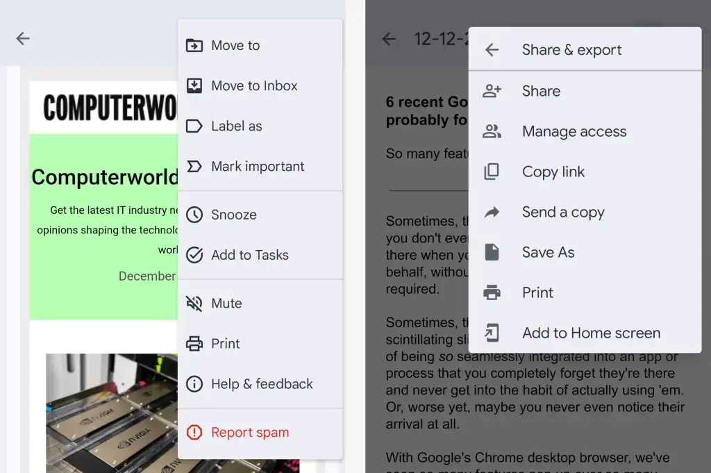 menus with print option in gmail and google docs apps on android