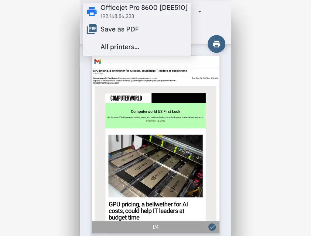 menu with printer list and save as pdf option in gmail on android