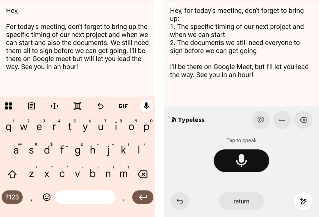Android voice typing: Gboard vs. Typeless (1)