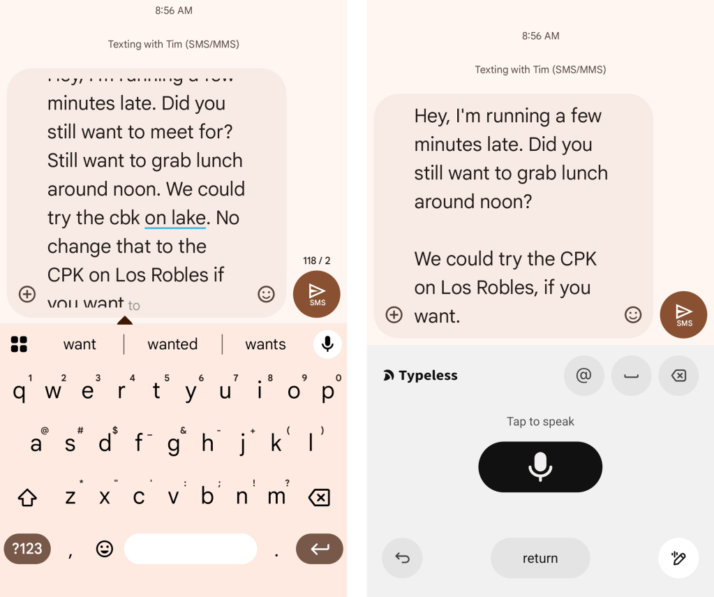 Android voice typing: Gboard vs. Typeless (2)