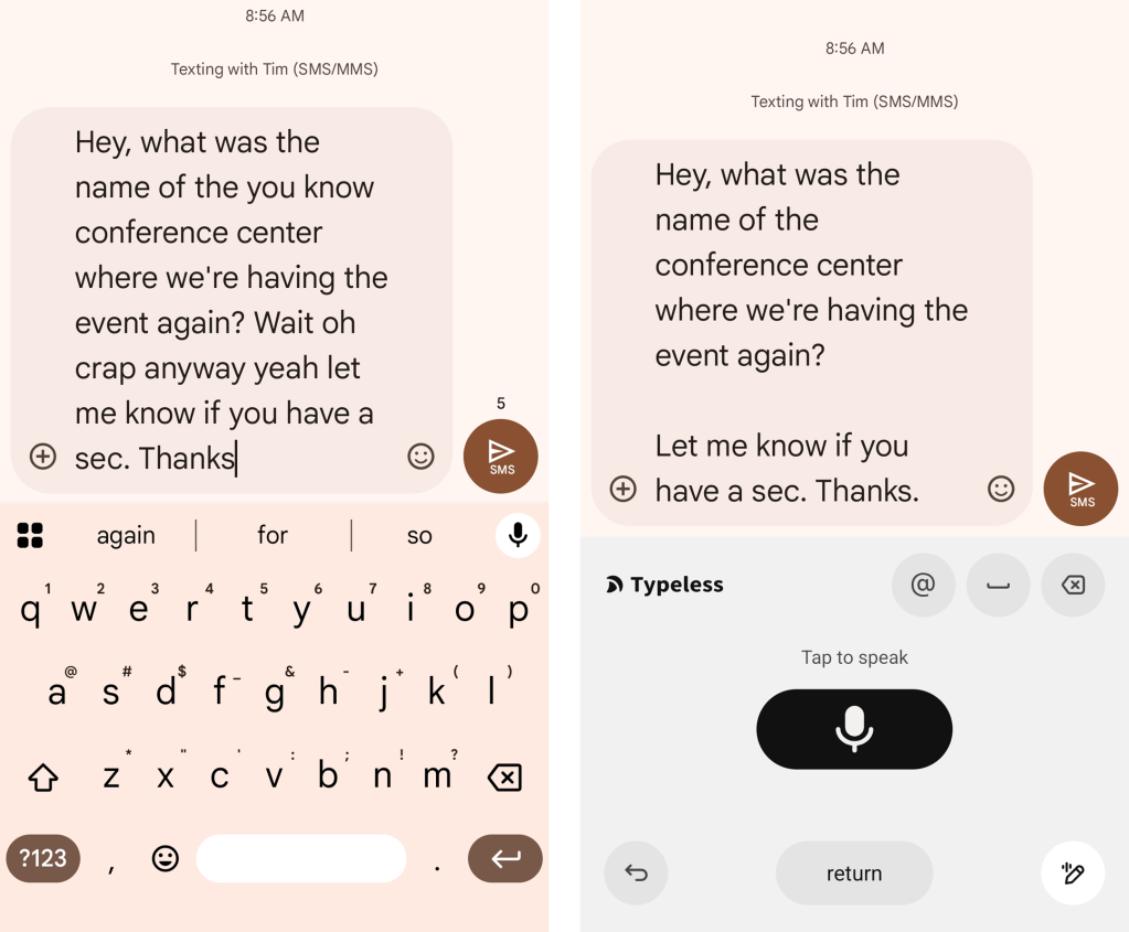 Android voice typing: Gboard vs. Typeless (3)