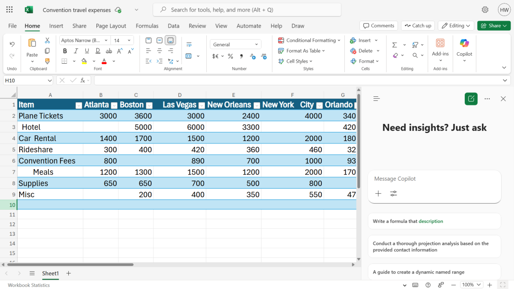 excel spreadsheet with copilot sidebar open to the right