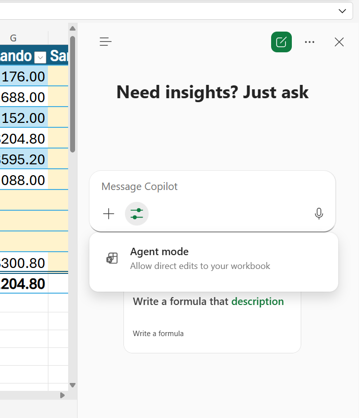 copilot sidebar with agent mode option showing under tools icon