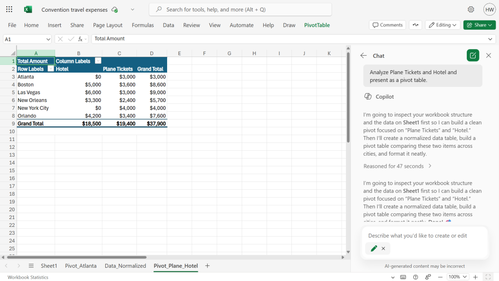 excel page with pivot table created by copilot in main area and steps taken to create it detailed in copilot sidebar on right