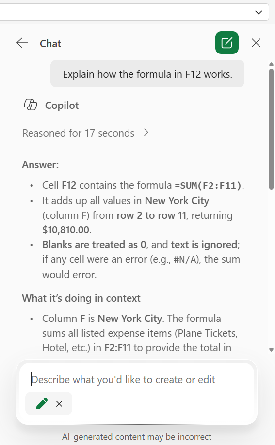 copilot sidebar in excel with explanation of the formula in cell f12