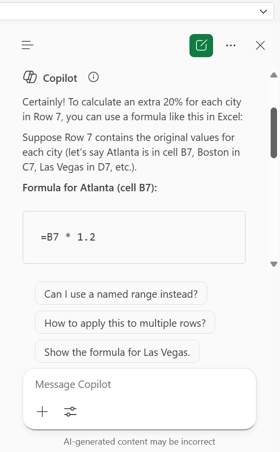 copilot sidebar in excel with response saying what formula will produce the described result