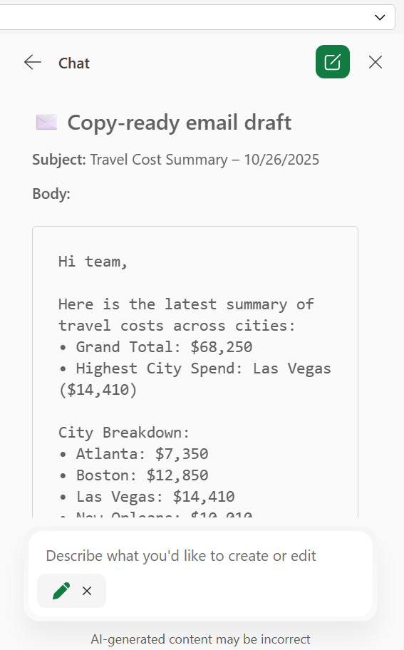 copilot sidebar in excel showing generated email draft with summary of spreadsheet data