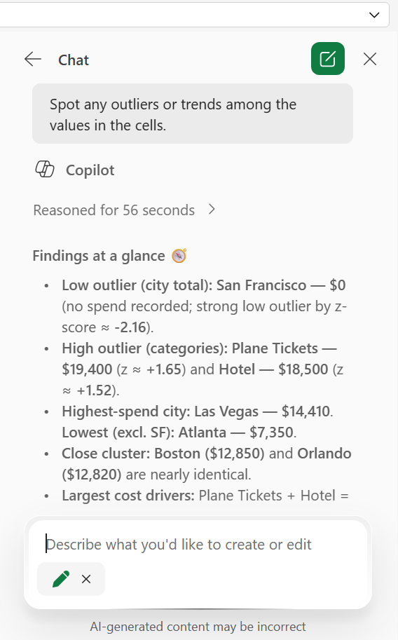 response in copilot sidebar in excel noting trends and outliers in data set