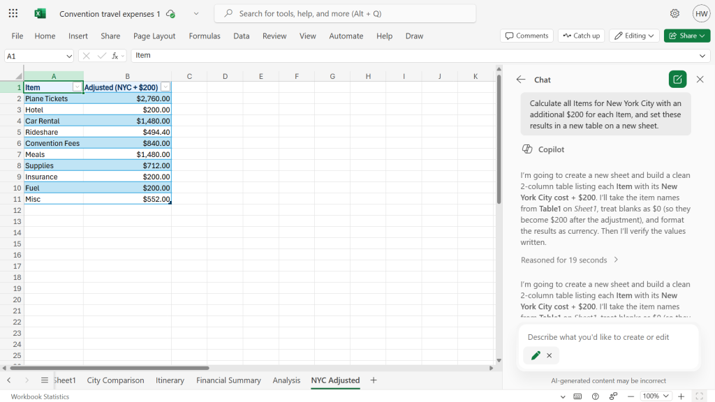 excel sheet with calculated projection table in main area. copilot sidebar on right has explanation of steps taken to create calculated table.