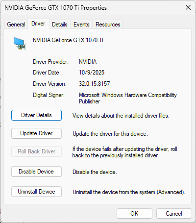 driver properties screen for nvidia geforce gtx 1070 ti with roll back driver button grayed out