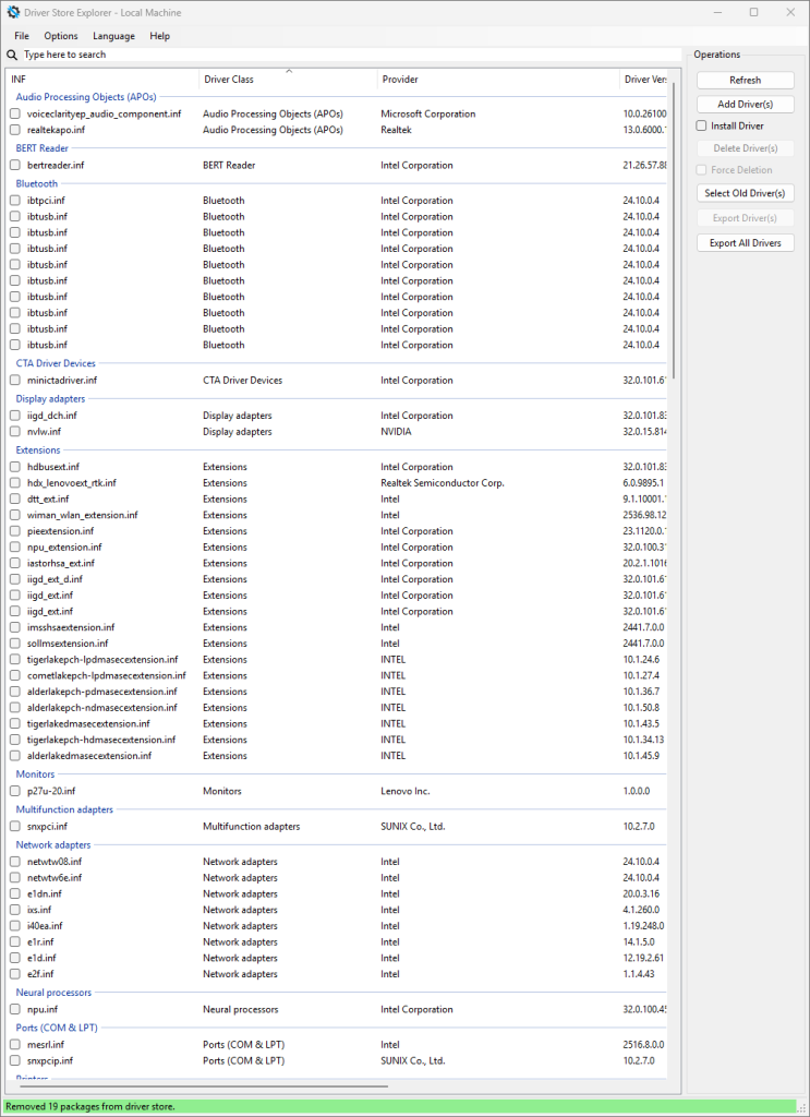 driver store explorer screen showing list of drivers on a pc after cleanup