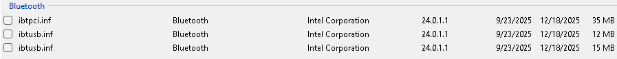 rapr screen showing list of drivers on pc - now just two copies of ibtusb.inf